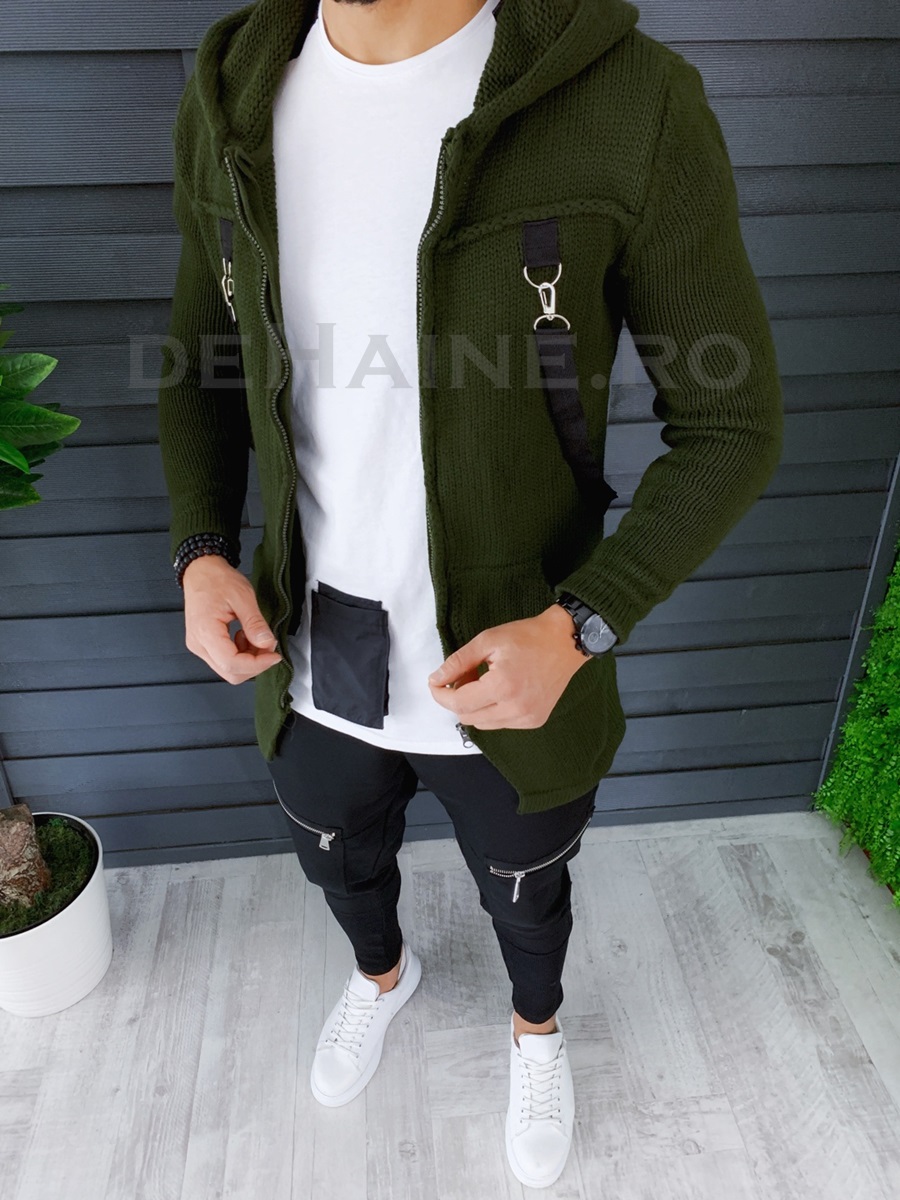 Cardigan barbati kaki cu gluga slim fit zr t3615 d0-5